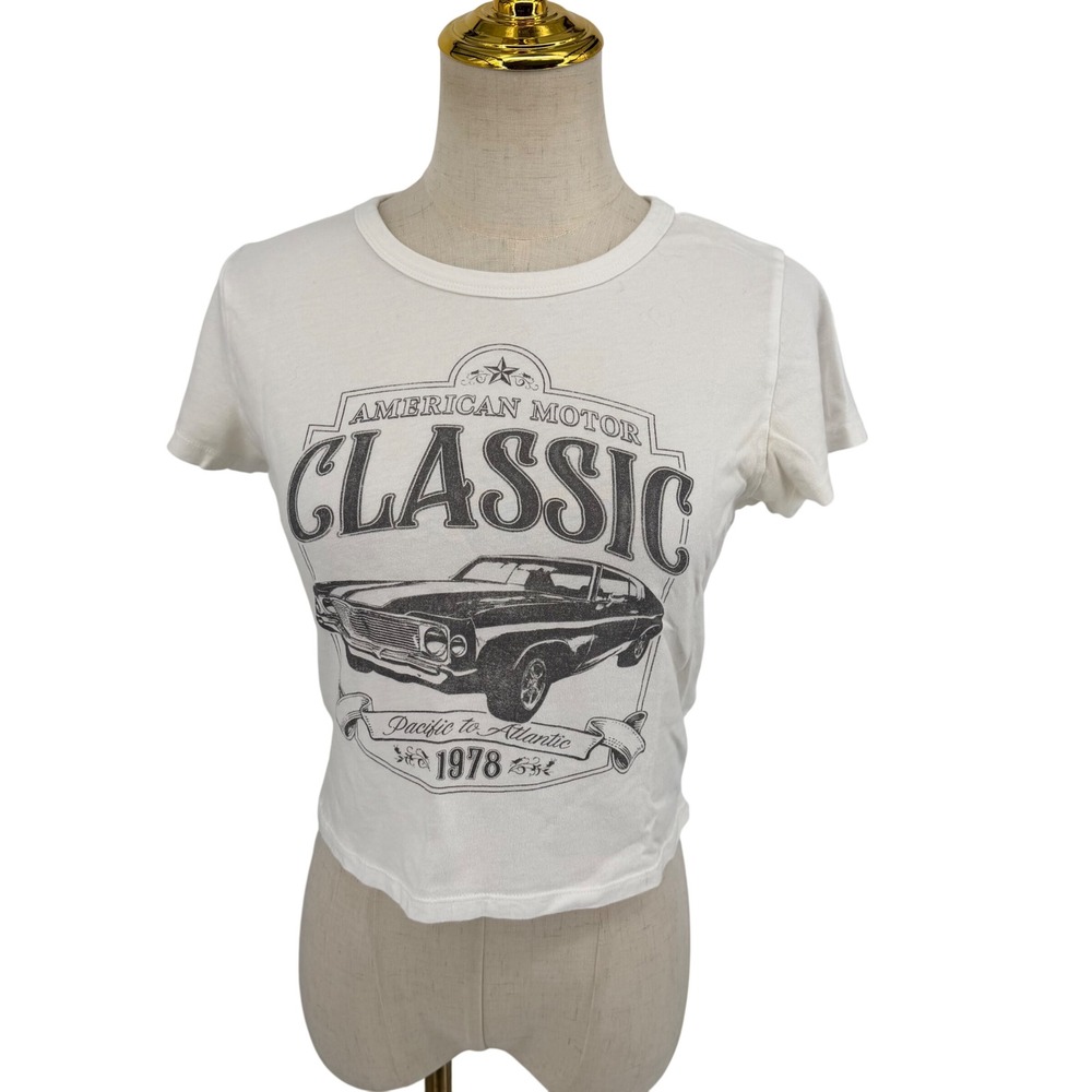 Hollister Graphic T-Shirt Women Medium White American Motor Classic 1978 Car Tee